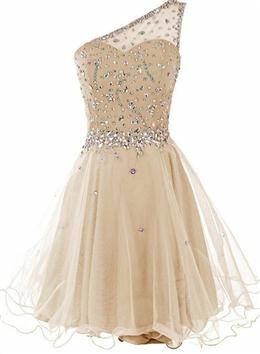 Picture of Light Champagne Beaded One Shoulder Chic Homecoming Dress, Short Party Dresses Prom Dress